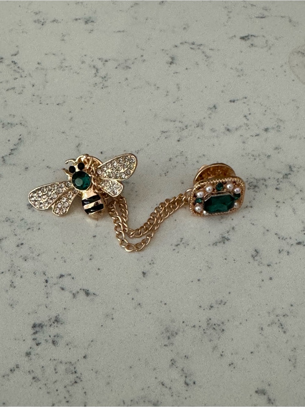 Gold Bee Brooch Chain with Emerald Accents - Women Jewelry